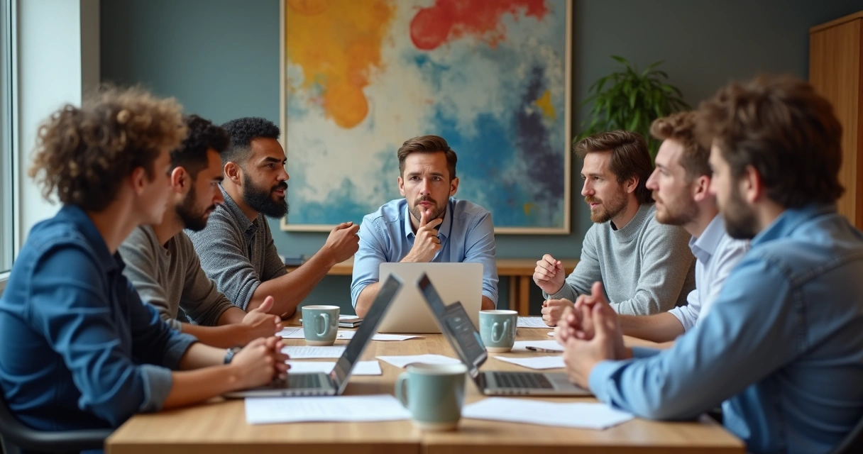 Grupo de adultos em reunião de trabalho, com expressões intensas 