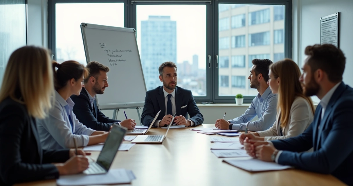 Grupo debatendo uma decisão em reunião 