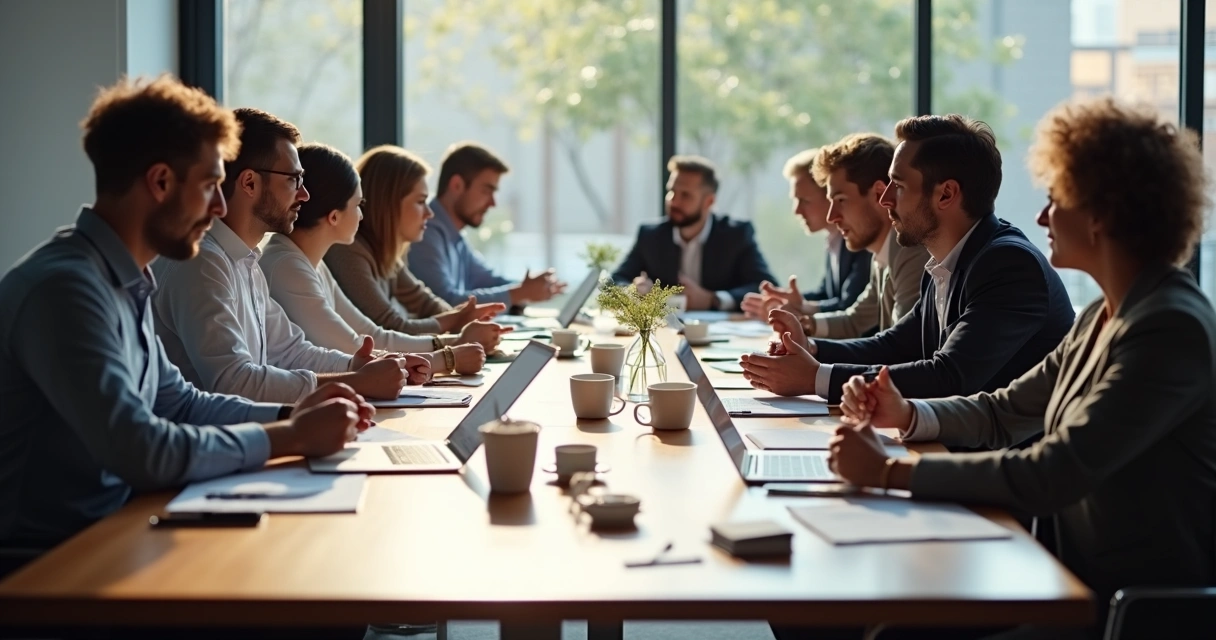 Pessoas em reunião ao redor de uma mesa longa, discutindo olhando papéis e telas