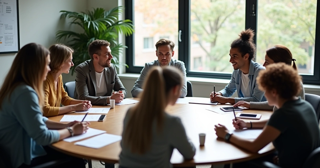Equipe reunida discutindo projeto coletivo em mesa redonda 