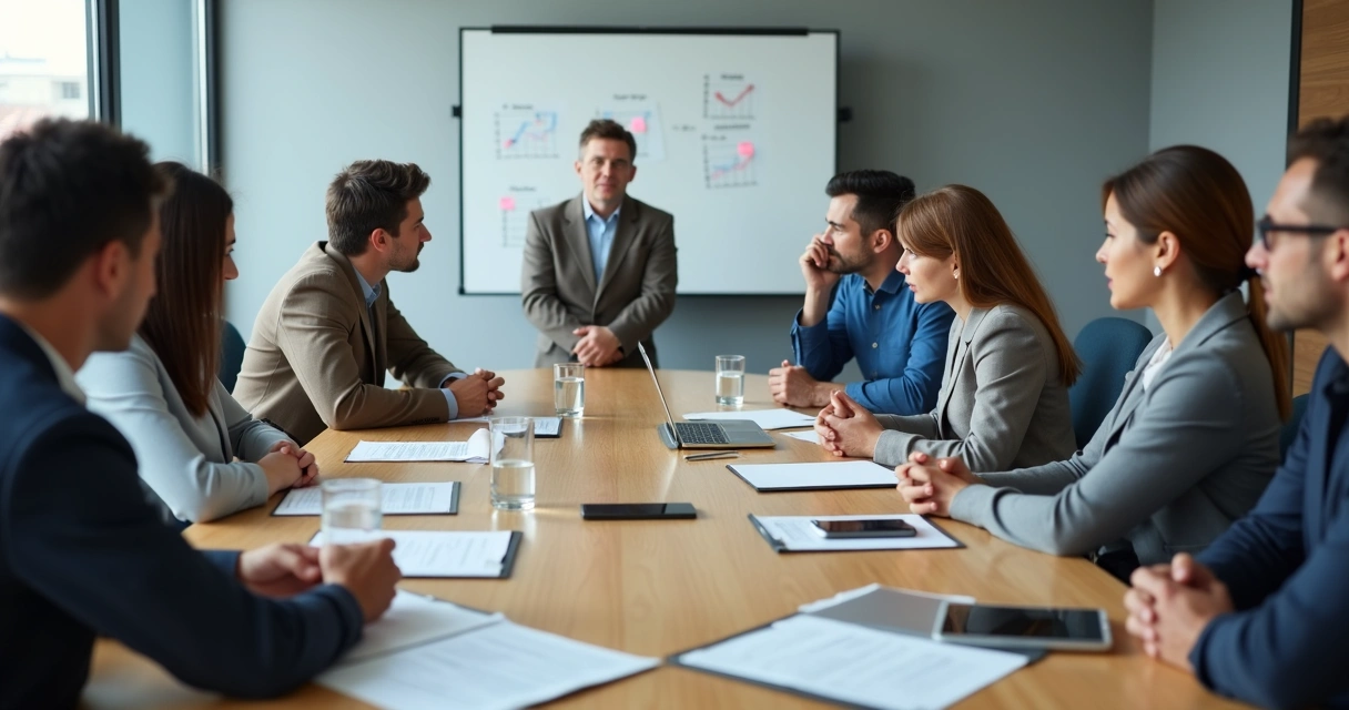 Grupo em reunião com destaque para tensões emocionais silenciosas ao redor da mesa 