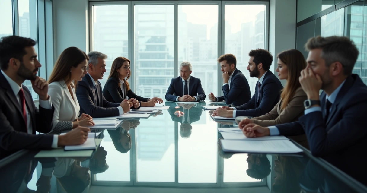 Grupo em reunião de negócios sentado, alguns pensativos e em silêncio 