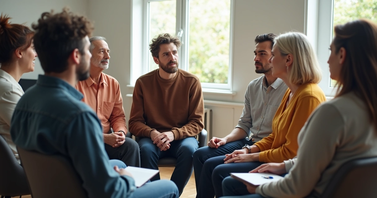 Grupo de pessoas sentadas em círculo, ouvindo atentamente uma pessoa falar 