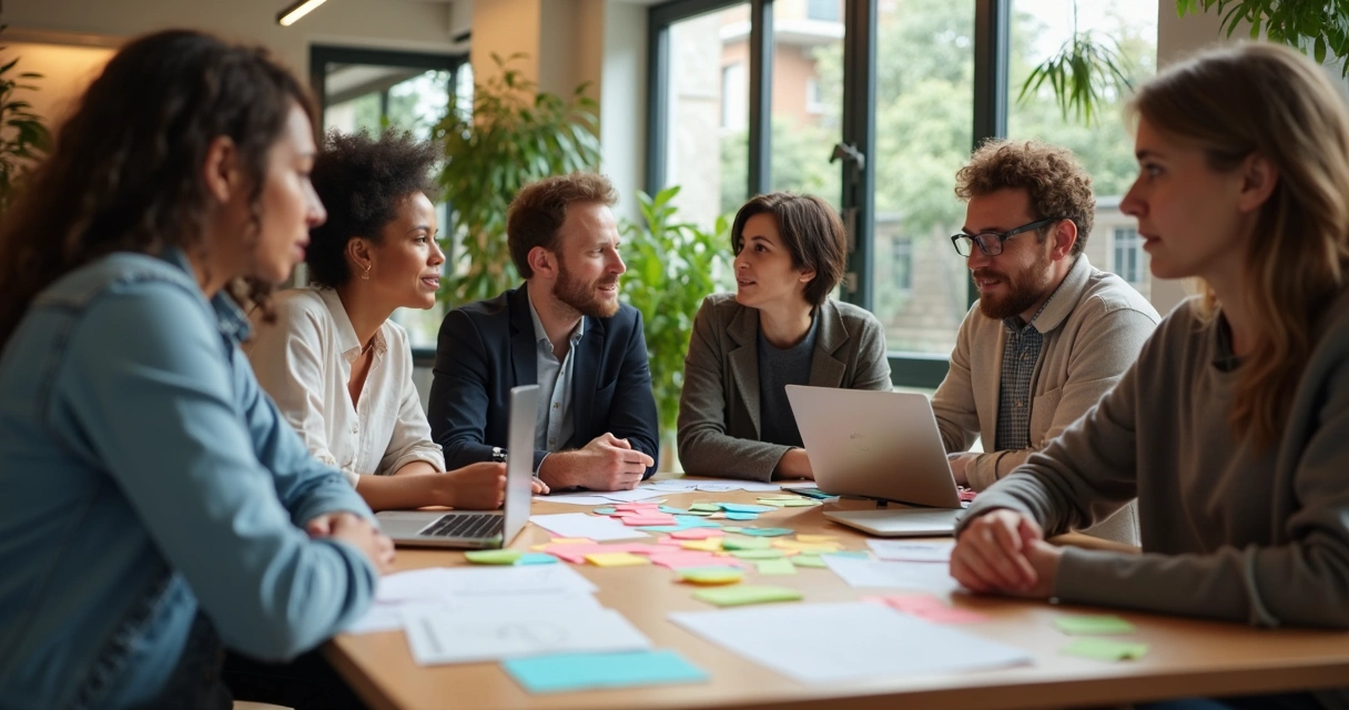 Grupo reunido ao redor de uma mesa, discutindo ideias de um projeto social 