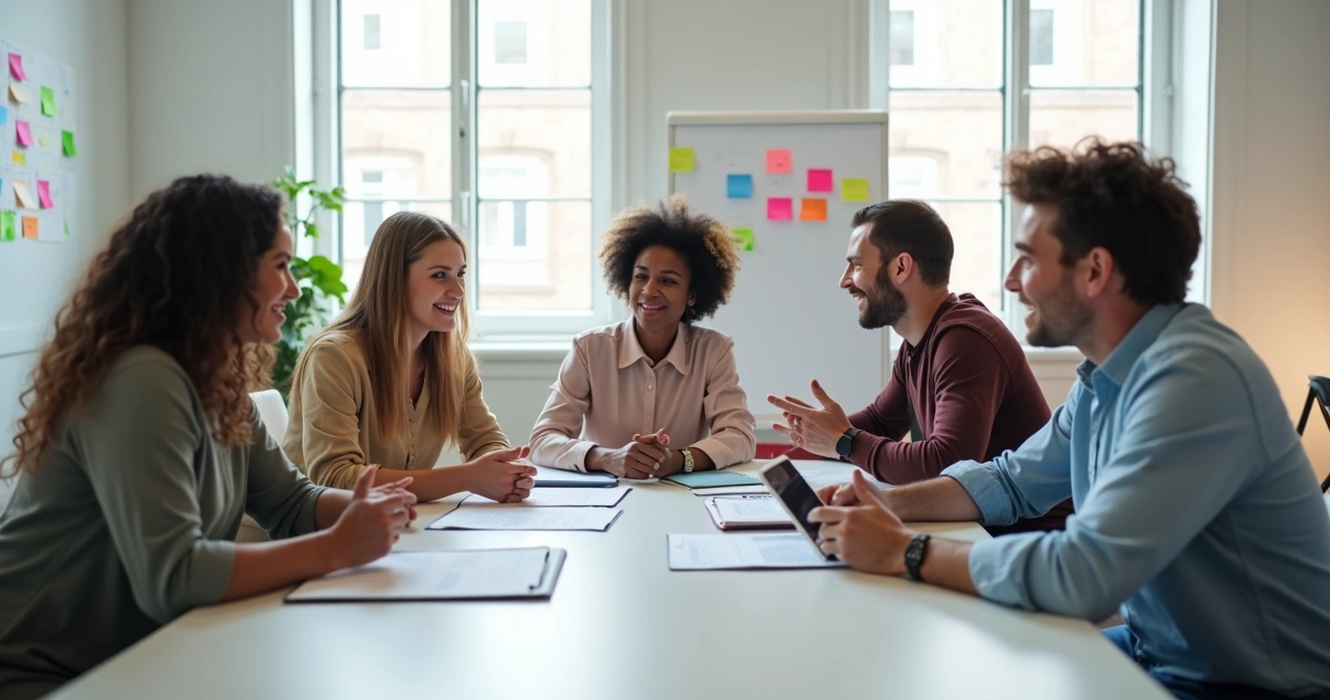 Equipe reunida ao redor de mesa discutindo ideias