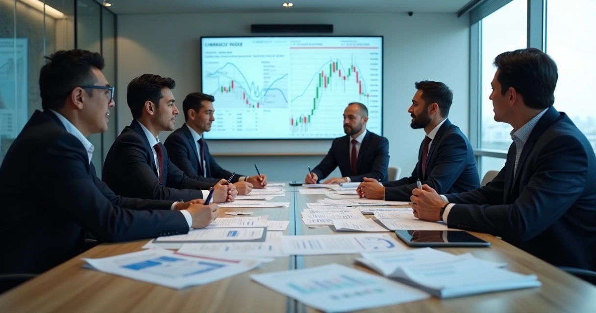 Reunião executiva sobre hedge cambial com gráficos e projeções 