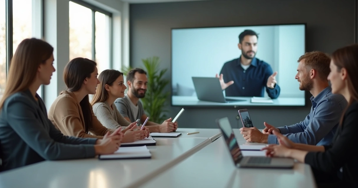 Equipe em reunião híbrida com escuta ativa 