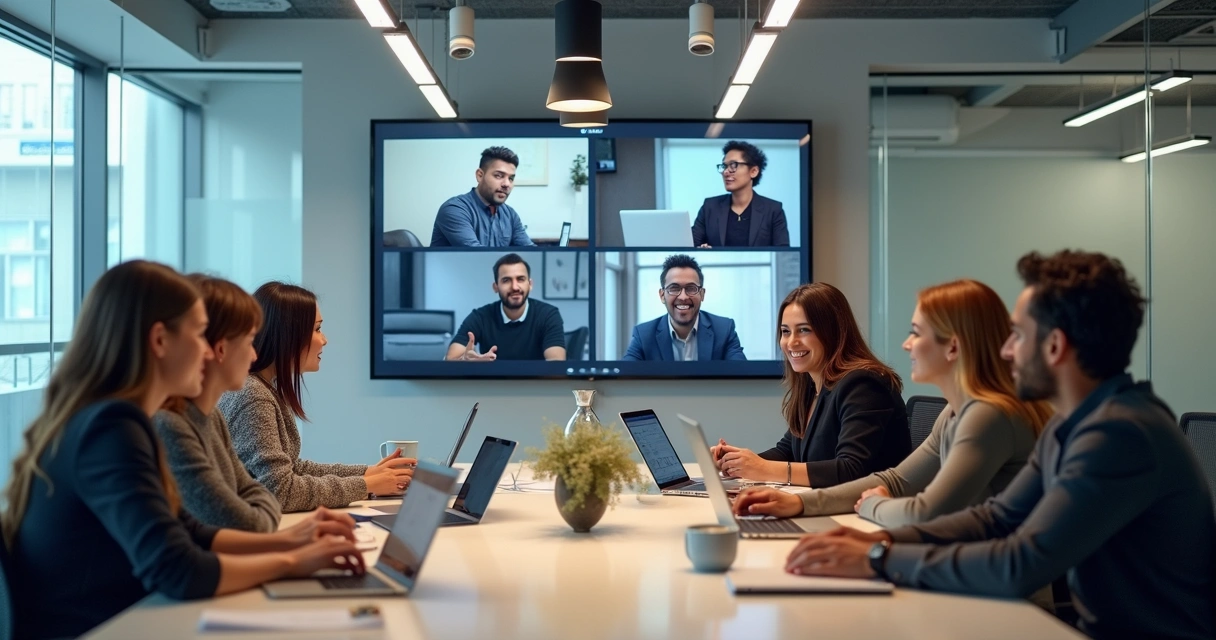 Equipe reunida em escritório com pessoas presentes e outras em videoconferência em tela grande 