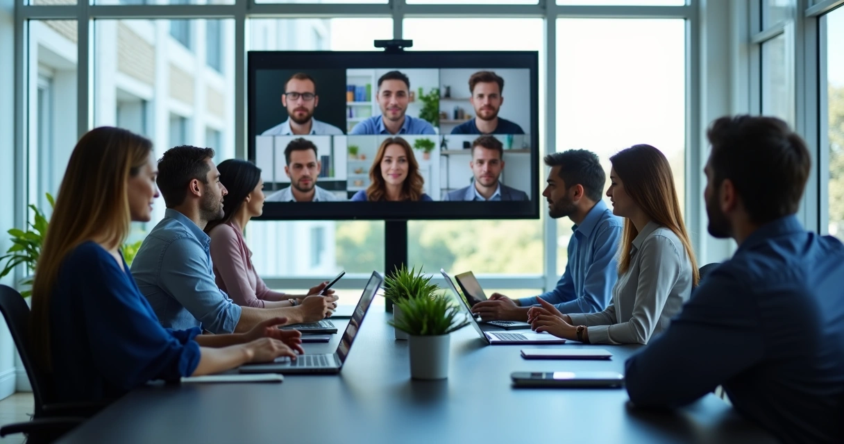Equipe em reunião híbrida com tela de videochamada e participantes no escritório