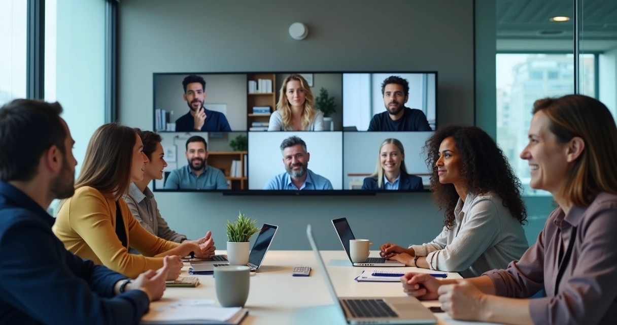 Equipe em reunião híbrida com expressões variadas