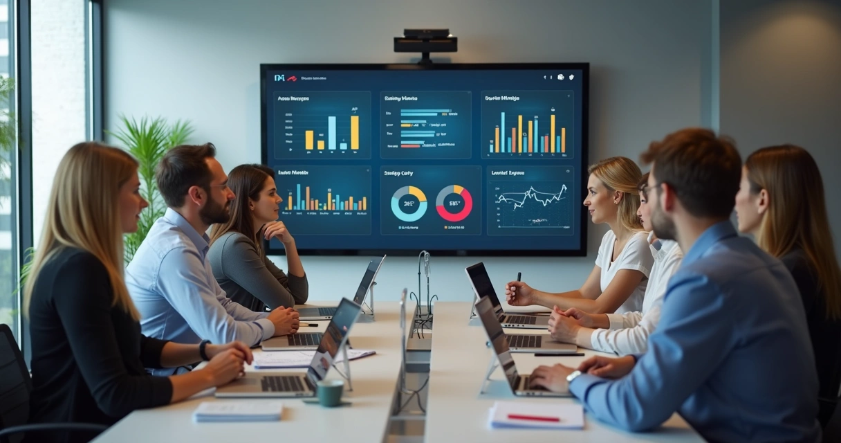 Equipe em reunião híbrida com painel emocional digital