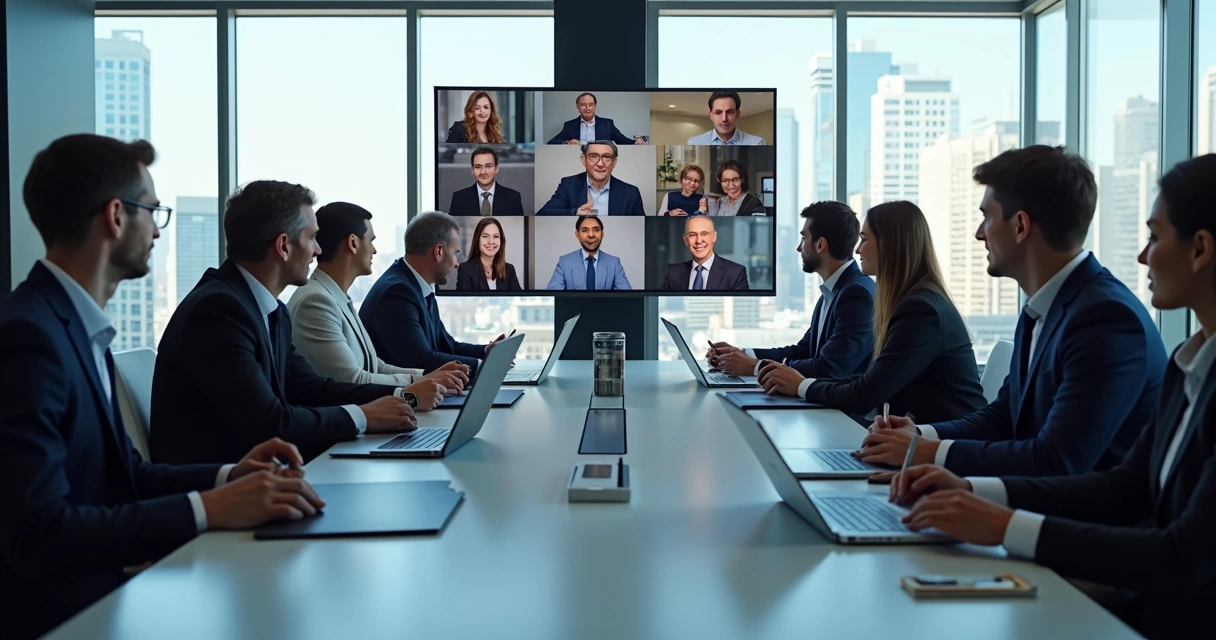 Reunião híbrida com pessoas participando presencial e remotamente via notebook