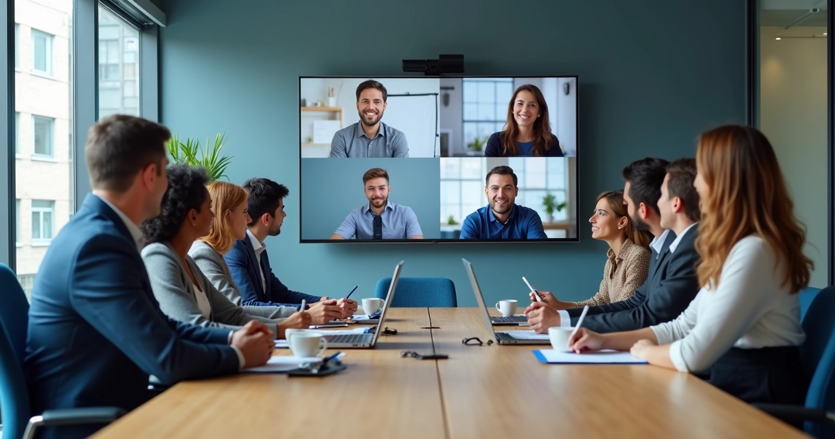 Equipe em reunião híbrida com tela de videoconferência 