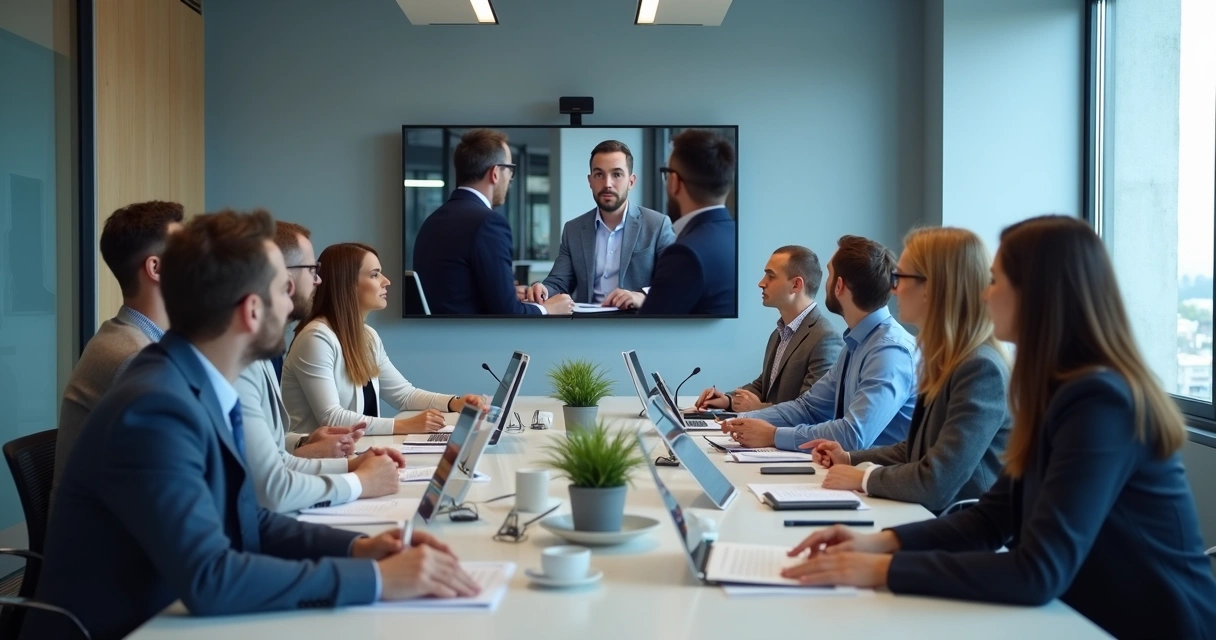 Equipe em reunião híbrida com participantes presenciais e remotos