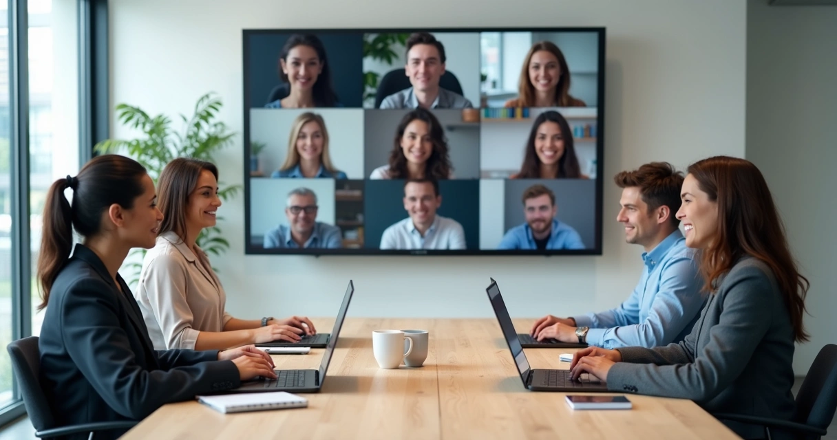 Equipe híbrida em reunião com pessoas presenciais e remotas