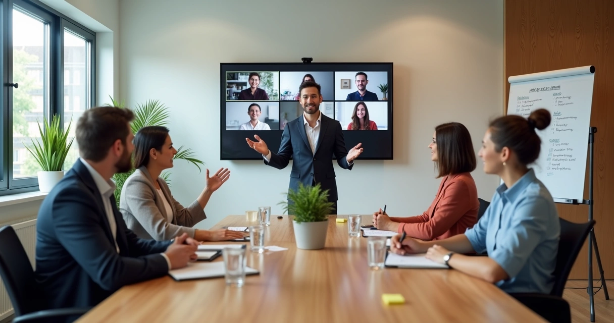 Equipe em reunião híbrida com tela e pessoas na mesa 
