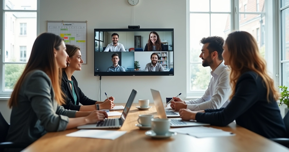 Equipe em reunião híbrida com pessoas presenciais e online