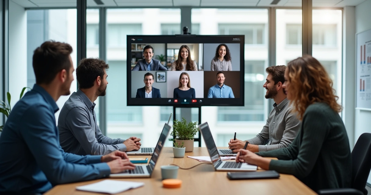 Equipe em reunião híbrida com tela de videochamada e anotações compartilhadas 