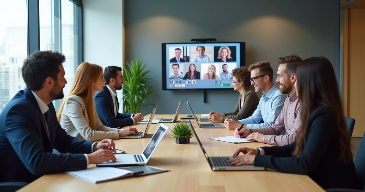 Equipe em reunião híbrida com pessoas no escritório e em videochamada