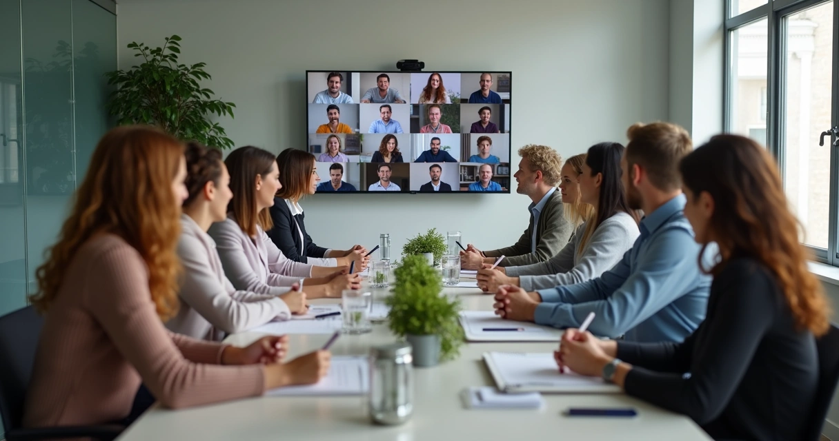 Equipe reunida em sala híbrida, metade presencial e metade conectada por chamada de vídeo 