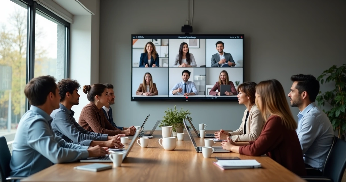 Equipe em reunião híbrida com tela de videochamada e pessoas conversando 