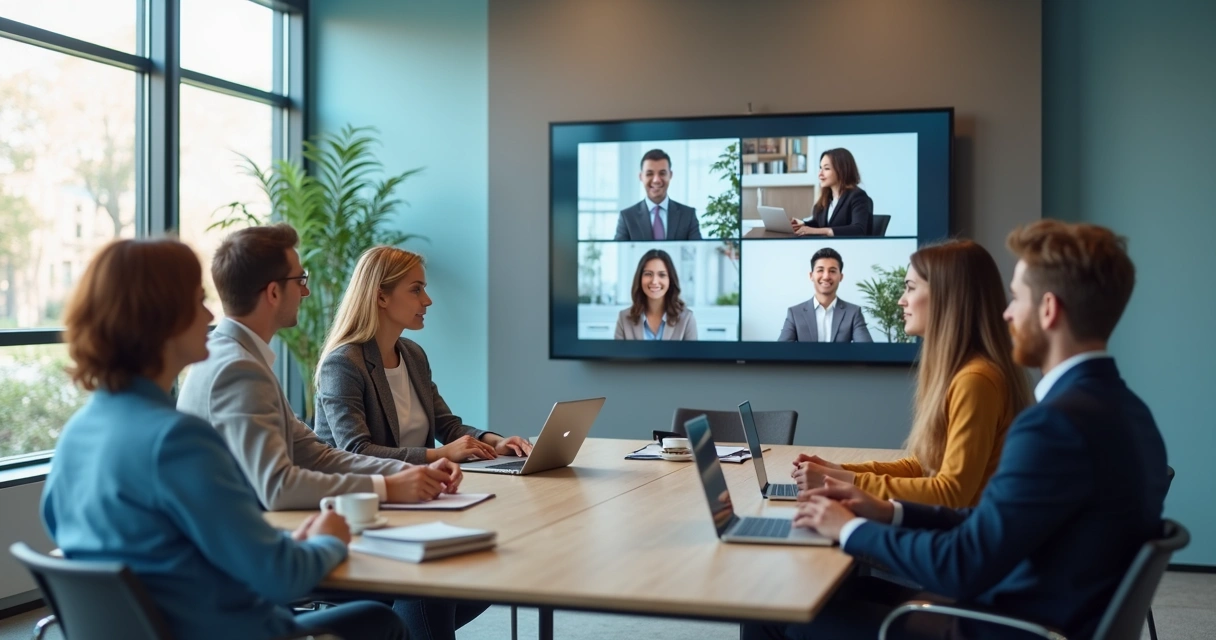 Equipe em reunião híbrida com tela de videoconferência
