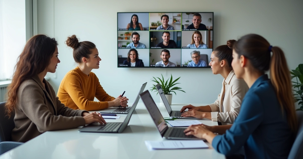Reunião híbrida com pessoas no escritório e em videochamada 