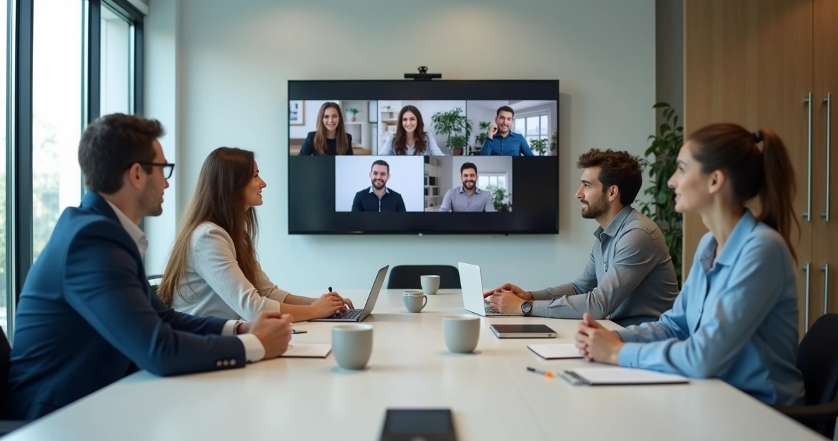 Equipe em reunião híbrida com tela de videochamada e pessoas no escritório 