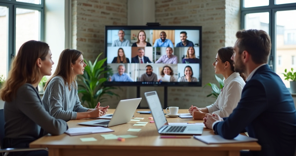 Equipe em reunião híbrida com tela de videoconferência e anotações visíveis