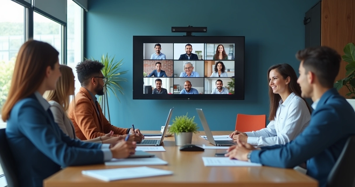 Equipe reunida em videoconferência em ambiente híbrido, com destaque para integração digital 