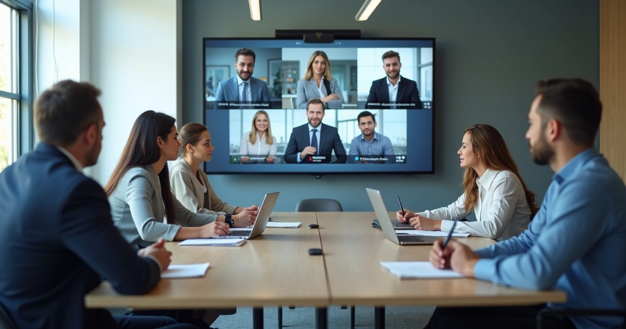 Reunião híbrida com pessoas no escritório e em videochamada