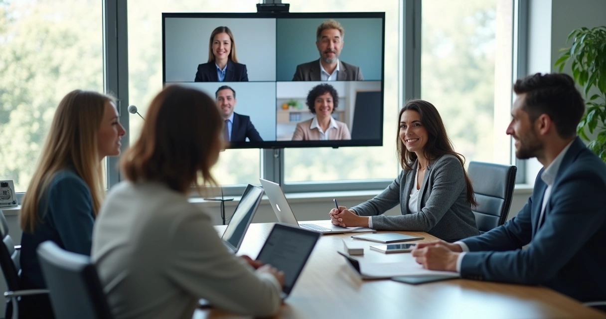 Equipe em reunião híbrida com pessoas na sala e em videochamada 
