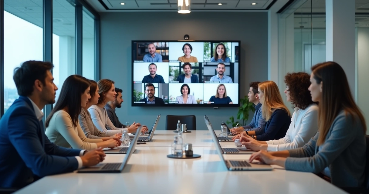 Equipe em reunião híbrida com telas e diálogo atento 