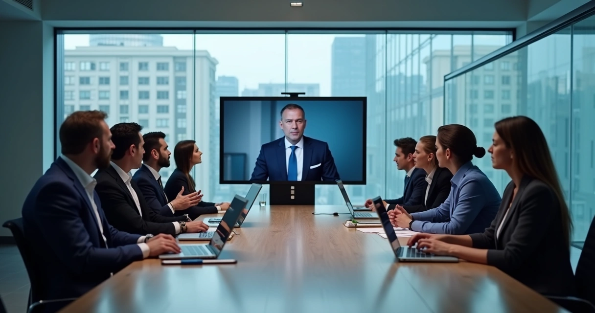 Reunião híbrida com equipe em videoconferência e discussão formal 