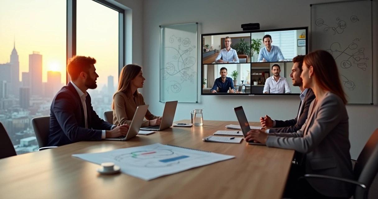 Equipe em reunião híbrida conectando pessoas na sala e em chamada de vídeo 