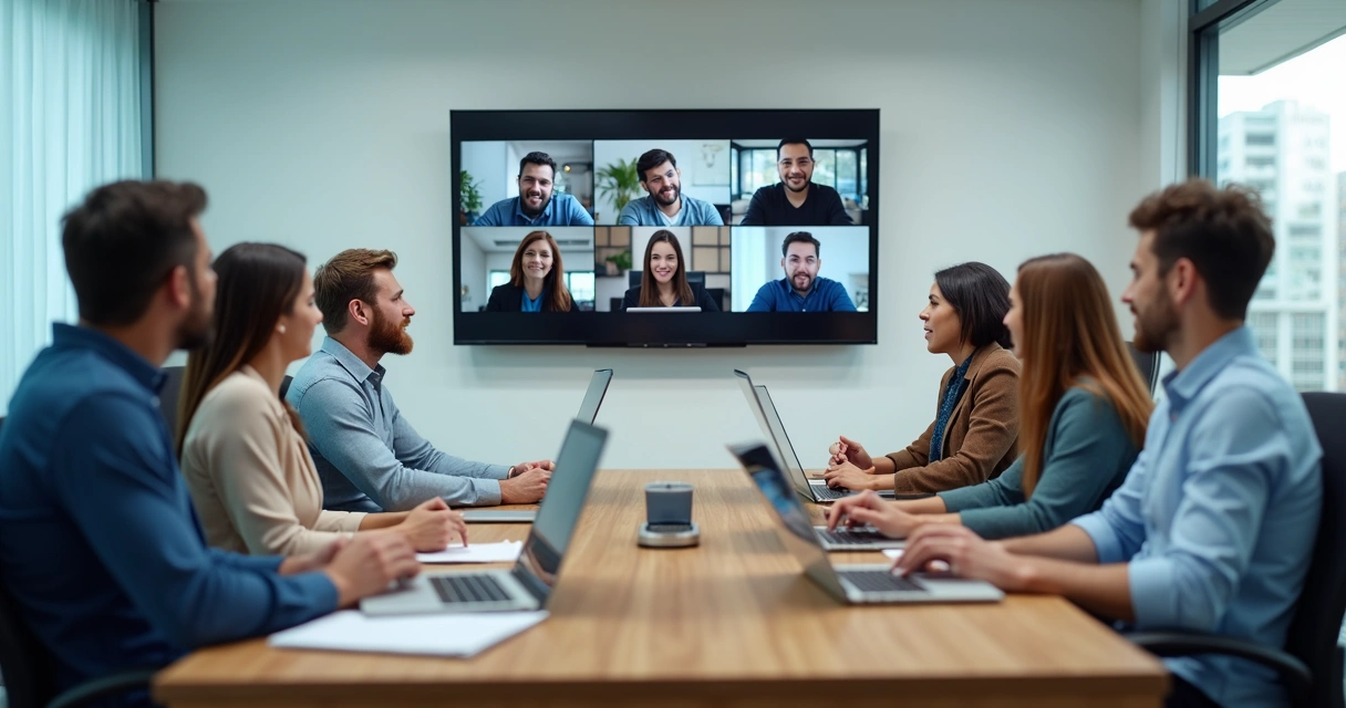 Equipe em reunião híbrida com participantes presenciais e remotos em tela grande