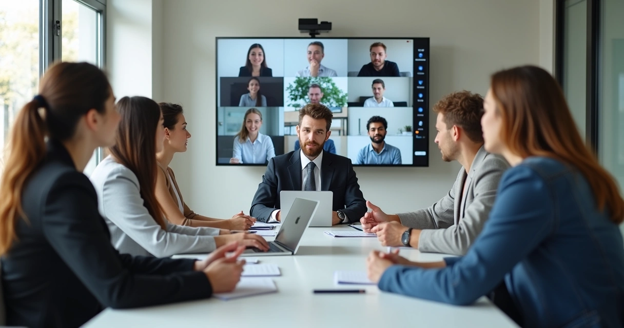 Equipe híbrida em reunião com líder atento e telas conectadas 
