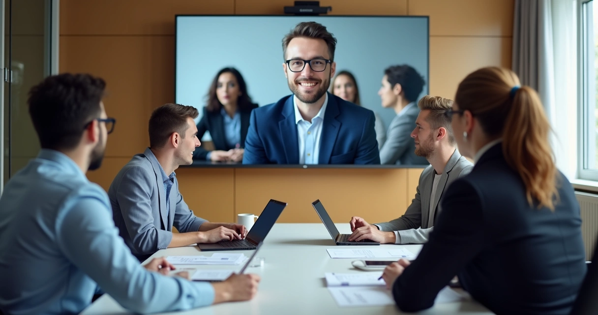 Profissionais em reunião híbrida, alguns na mesa, outros em tela ao fundo 