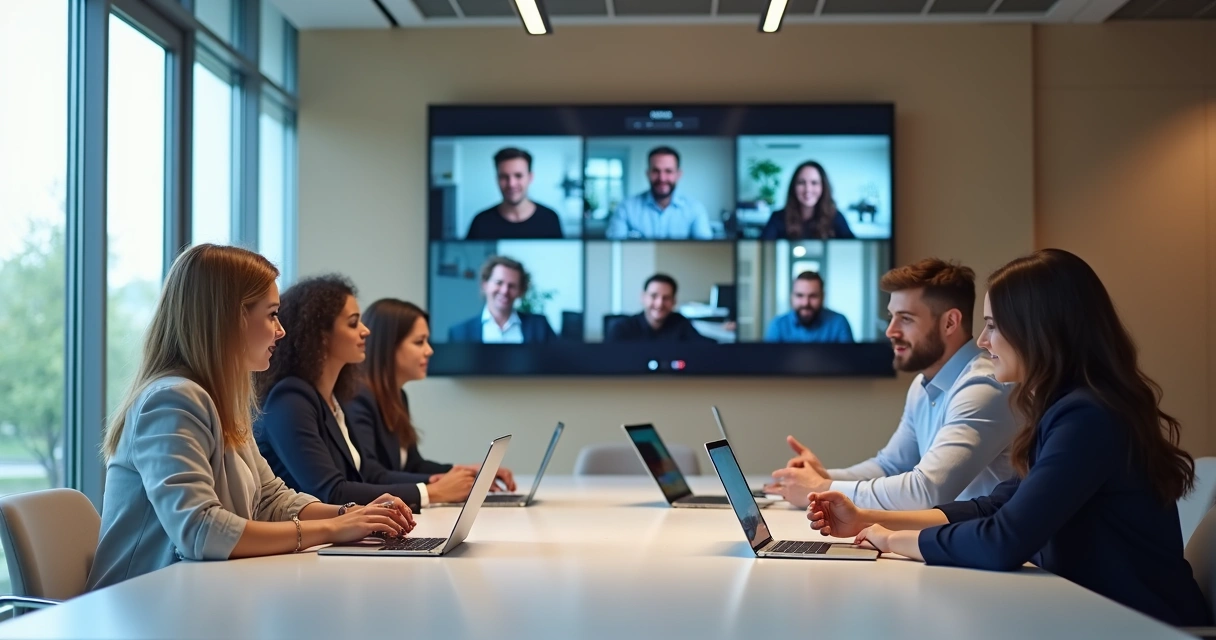 Ambiente de trabalho com pessoas em reunião, algumas online, outras presentes 