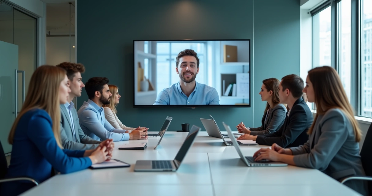 Reunião híbrida com equipe presencial e remota em videoconferência