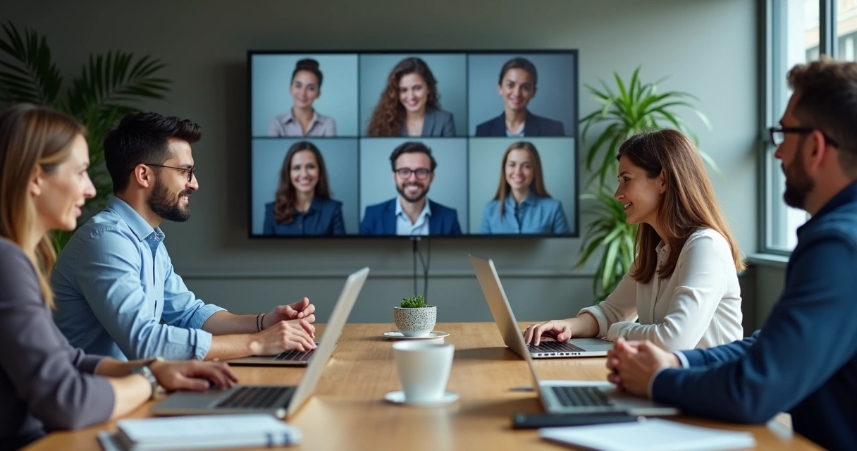 Equipe em reunião híbrida com expressões tensas e telas abertas