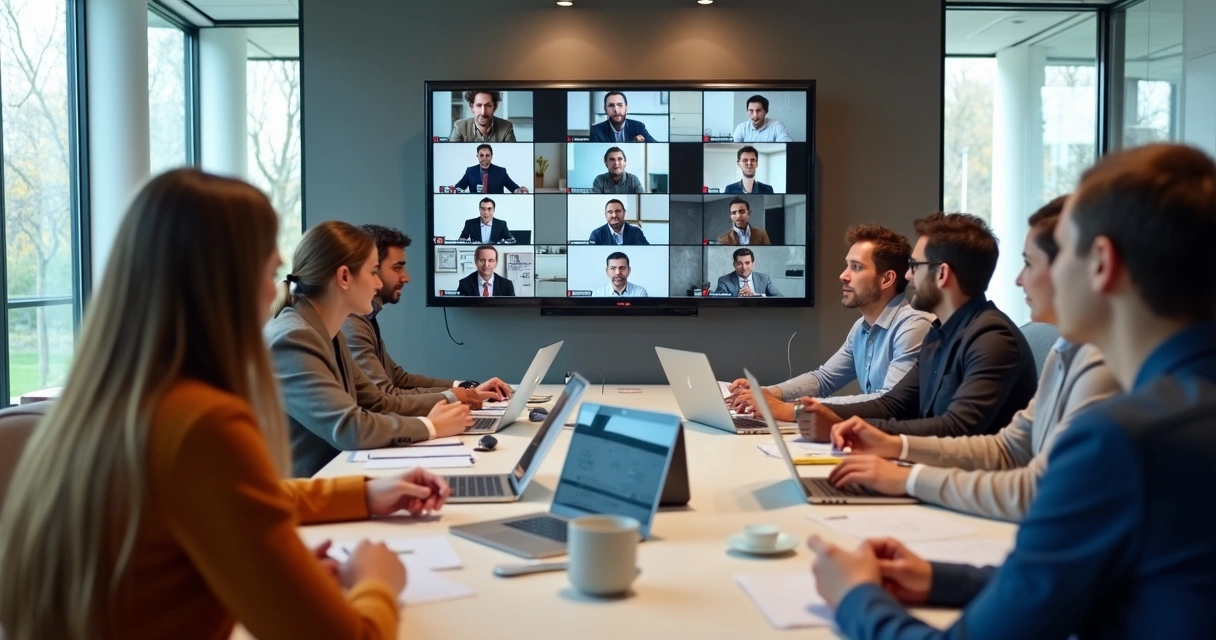 Equipe em uma reunião híbrida, parte presencial, parte remota na tela 
