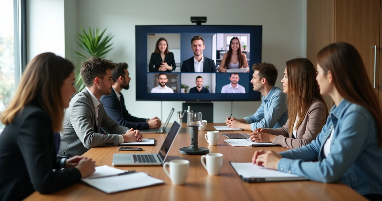 Pessoas em reunião híbrida, parte presencial e outra parte em videoconferência