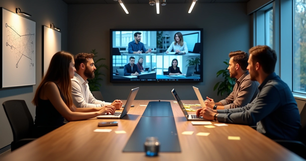 Equipe reunida presencialmente e virtualmente numa grande tela 