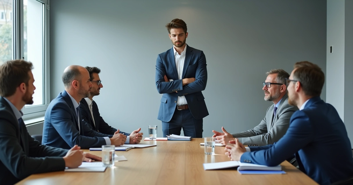 Equipe em reunião com tensão entre líder e colaboradores 