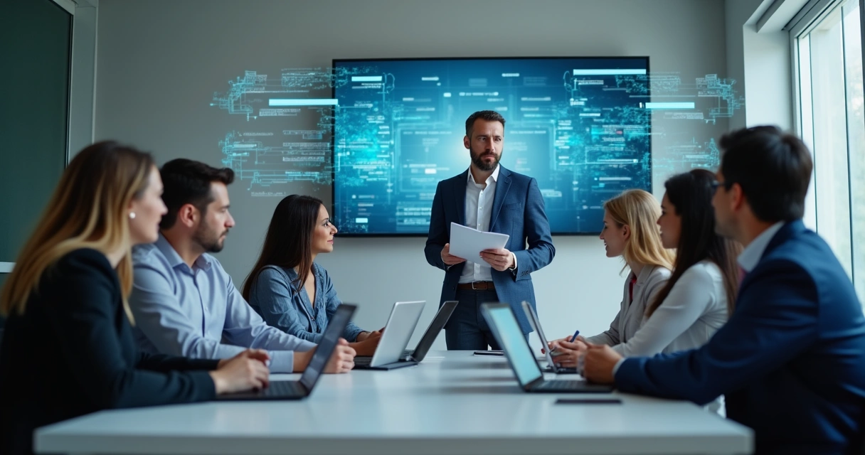 Equipe de RH analisando documentos digitais em reunião com gráficos 