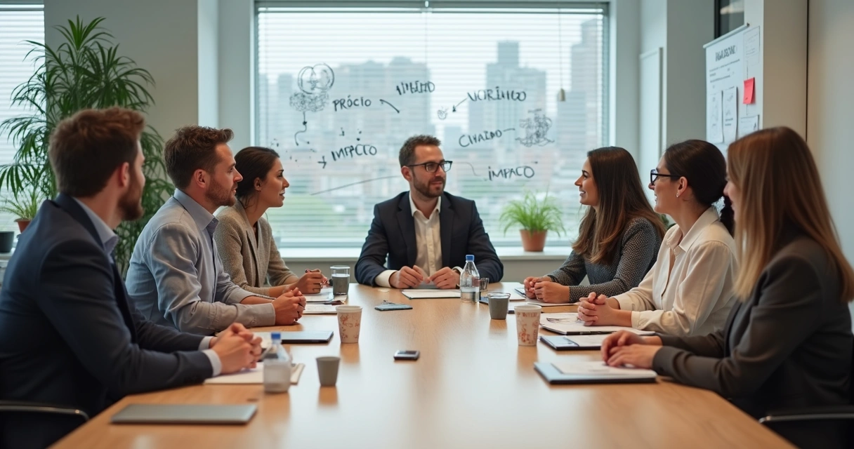 Equipe diversa em reunião colaborativa em escritório moderno 