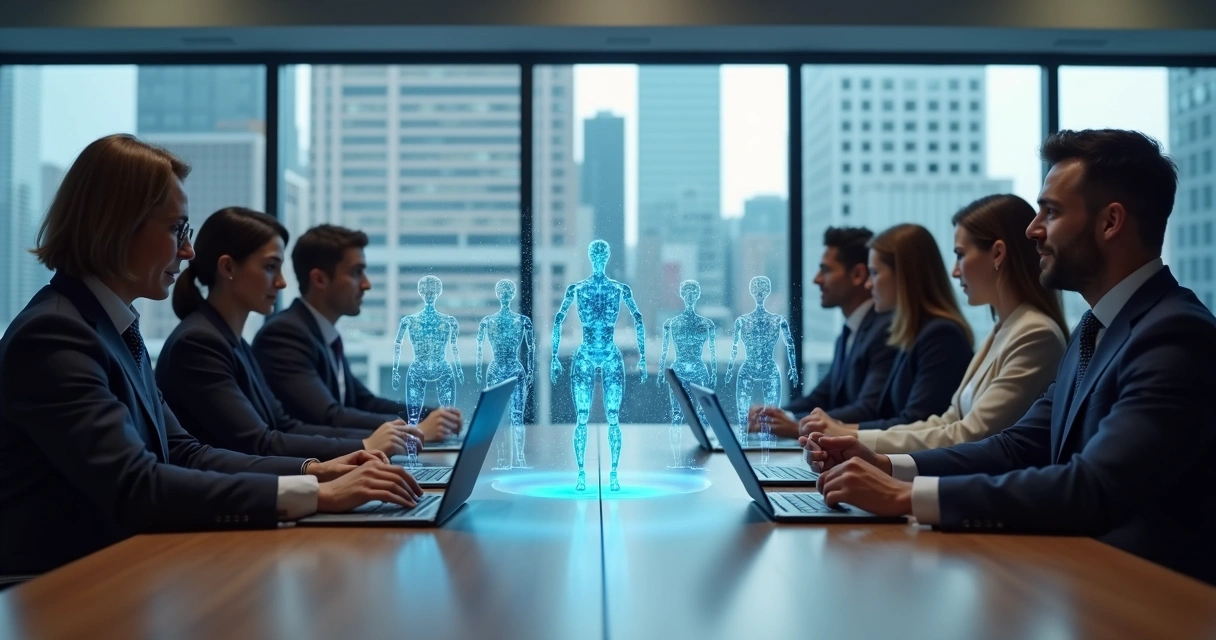 Profissionais contábeis e robôs digitais em reunião em mesa de escritório 