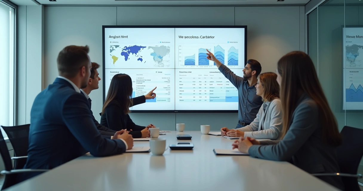 Equipe comercial analisando dados de clientes em reunião 