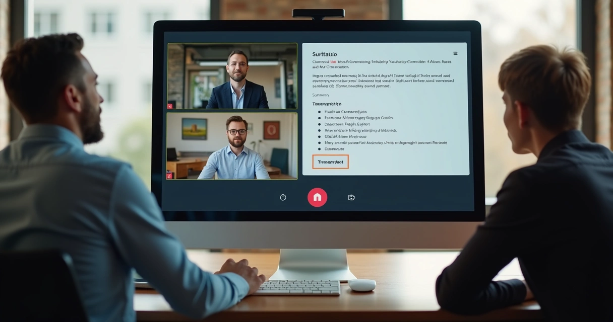 Pessoa usando computador desktop para gravar reunião com IA 